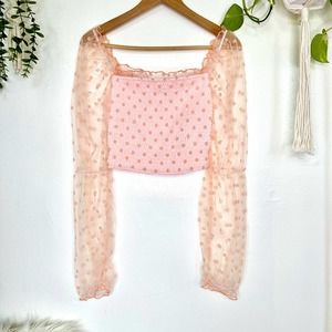 Pastel Pink Fuzzy Polka Dot Smocked Puff Sleeve Cropped Blouse L